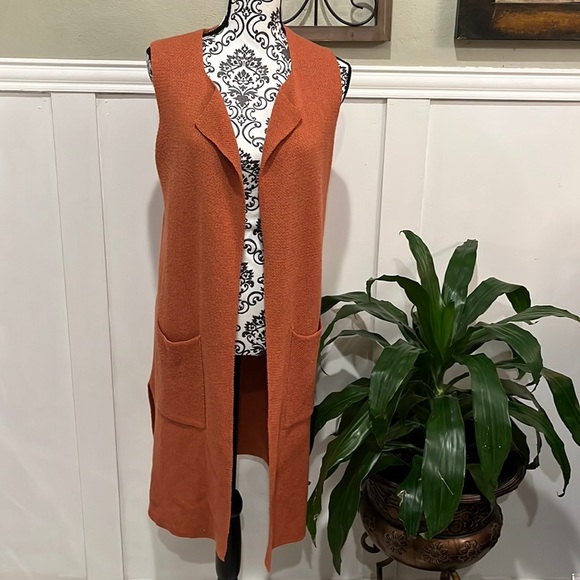 PhO Firenze long duster vest cardigan rust red brown sz medium large Italy - Picture 1 of 4